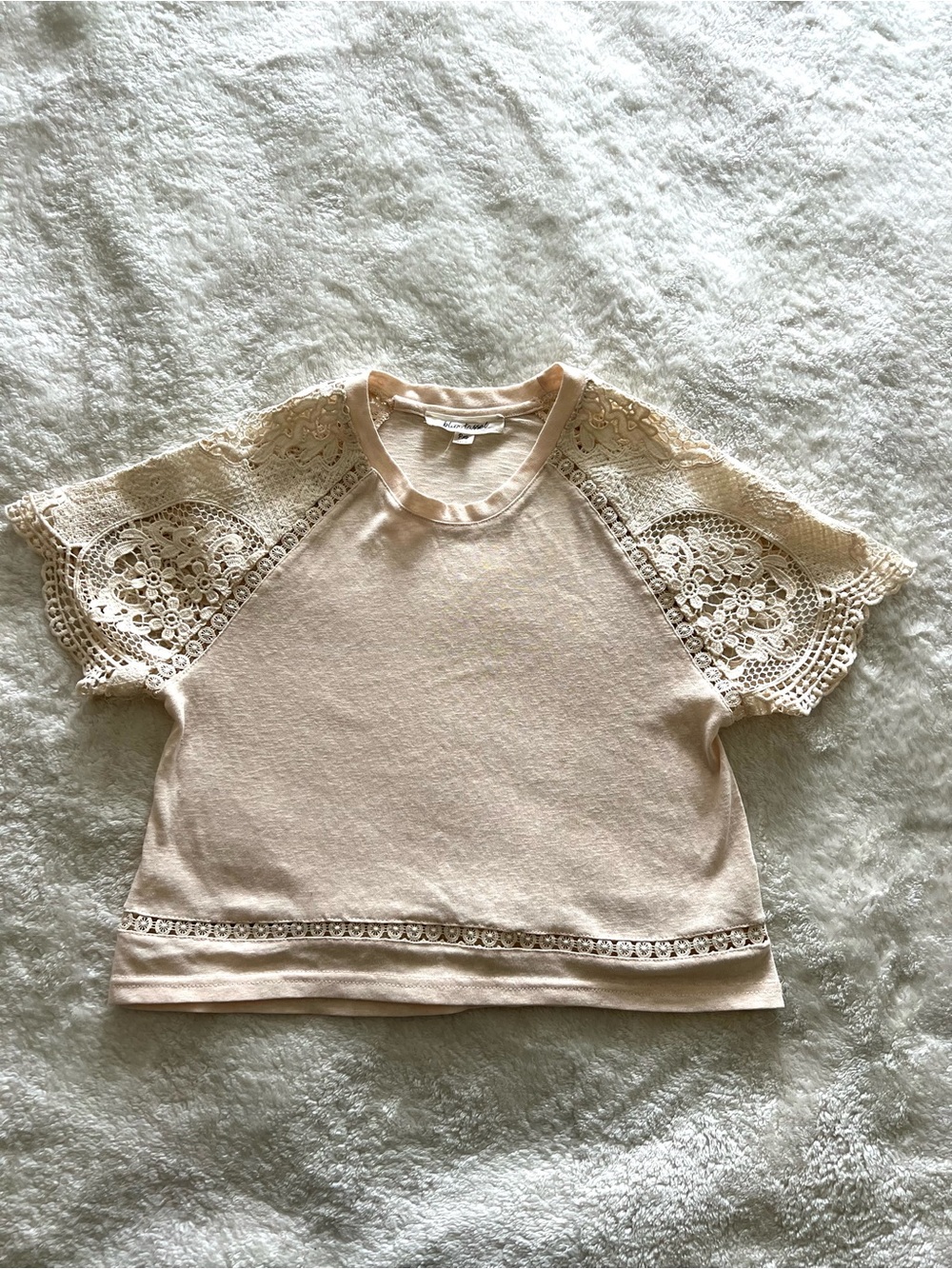 Blue Tassel Beige Lace Sleeves Cropped Ringer T-Shirt Cotton Blend